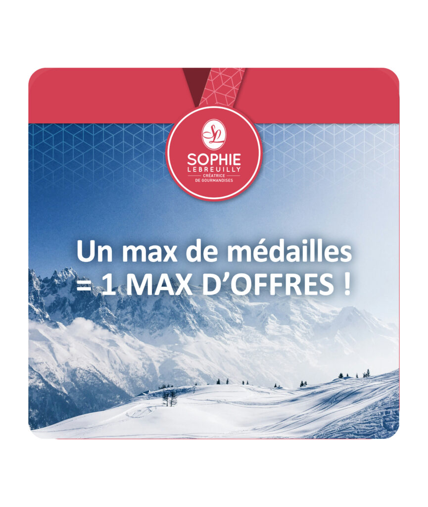 Le fond de cette image est une photo de montagnes, illustrant les JO d'hiver. Au dessus, le texte "Un de médialles égal un Max d'offres" est inscrit.